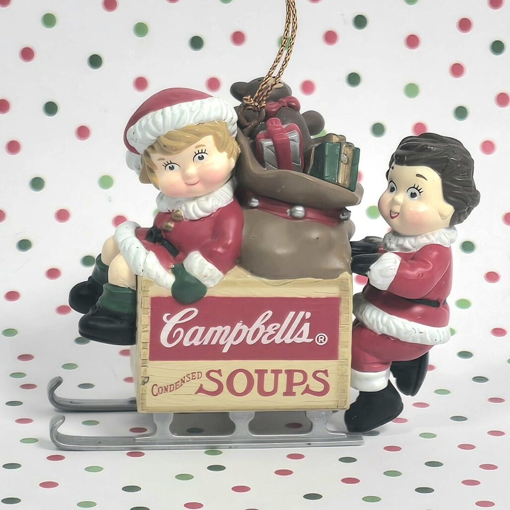 Campbell's Soup Kids Christmas Ornament 1996 Sledding Kids Red White Vintage